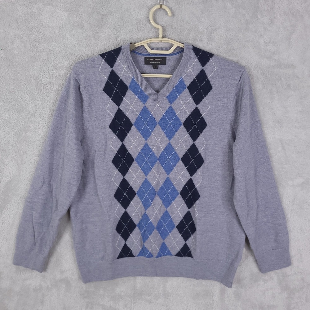 Banana Republic Merino Wool Sweater 2XL Gray Pullover Argyle A3 Classic Preppy